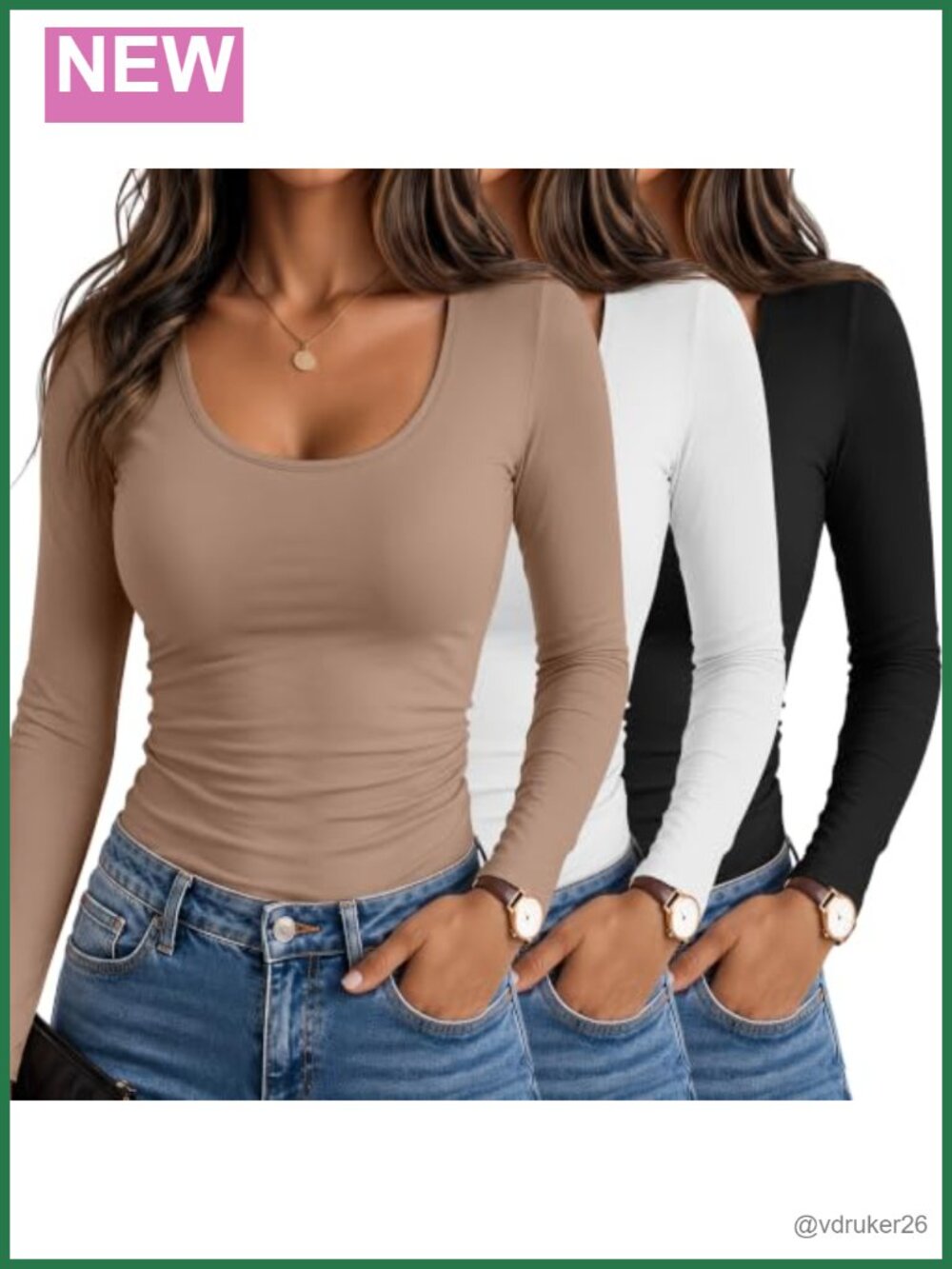 3 Pack Women's Long Sleeve Scoop Neck Fitted T-Shirts Cotton Blend